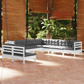 3096828 vidaXL Set mobilier de grădină cu perne, 9 piese, alb, lemn masiv pin