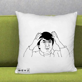 Perna Decorativa Jackie Chan WTF, 40x40 cm, Alb Pufos, Husa Detasabila, Perna Inclusa, BEKZ®