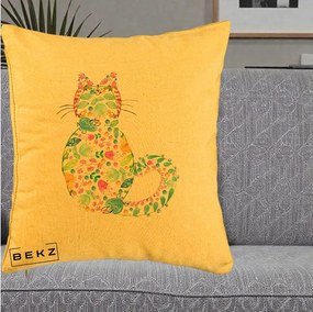 Perna Decorativa Pisica Florala Acuarela, 40x40 cm, Galben, Husa Detasabila, Perna Inclusa, BEKZ®
