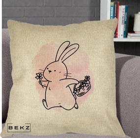 Perna Decorativa Iepuras Kawaii cu Cosulet Floral, 40x40 cm, Crem, Husa Detasabila, Perna Inclusa, BEKZ®