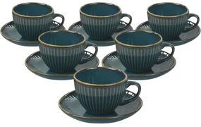 Set de 6 cești din ceramică cu farfurioare Linea210 ml, petrol