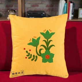 Perna Decorativa Flori Stilizate Folk Turcoaz, 40x40 cm, Galben, Husa Detasabila, Perna Inclusa, BEKZ®