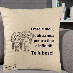 Cadou pentru Frate - Perna Personalizata Fratele Meu Te Iubesc Copii Anime Line Art Negru, 40x40 cm, Bej, Husa Detasabila, Perna Inclusa, BEKZ®