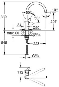 GROHE 31536001 - Baterie pentru chiuvetă BAUCURVE, 332 mm, crom lucios