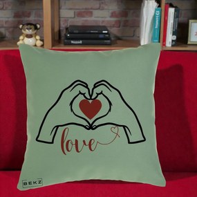 Perna Decorativa Love Maini Inima cu Inscriptie Love Rosu, 40x40 cm, Verde, Husa Detasabila, Perna Inclusa, BEKZ®