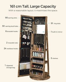 Dulap bijuterii cu oglinda, MDF melaminat / catifea, maro rustic, Songmics