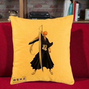 Perna Personalizata Bleach Ichigo Kurosaki Zangetsu, 40x40 cm, Galben, Husa Detasabila, Perna Inclusa, BEKZ®
