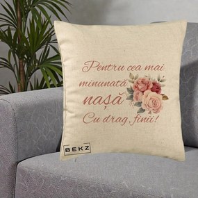 Cadou pentru Nasa - Perna Personalizata Pentru Cea mai Minunata Nasa Cu drag Finii, 40x40 cm, Bej, Husa Detasabila, Perna Inclusa, BEKZ®
