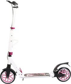 Trotineta din aluminiu cu frana pe disc NOVOKIDS™ Fiore Plus, maxim 100 kg, Franare dubla, Suspensie dubla, Diametru roata 200 mm, Alb cu Roz