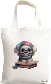 Sacosa de Panza pentru Cumparaturi, Geanta Tote, model Reading puppy 25 38 x 34.5 cm, Alba, BEKZ®