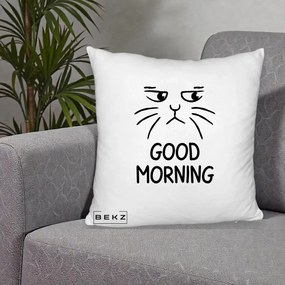 Perna Decorativa Pisica Morocanoasa Good Morning, 40x40 cm, Alb Pufos, Husa Detasabila, Perna Inclusa, BEKZ®