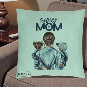 Cadou pentru Mama - Perna Personalizata Super Mom, 40x40 cm, Verde Menta, Husa Detasabila, Perna Inclusa, BEKZ®