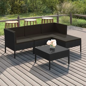 Set mobilier de gradina cu perne, 5 piese, negru, poliratan 2x colt + mijloc + suport pentru picioare + masa, 1