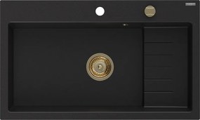 Mexen Omar chiuvetă de granit cu 1 compartiment 800 x 480 mm, negru, sifon auriu - 6520801005-77-G