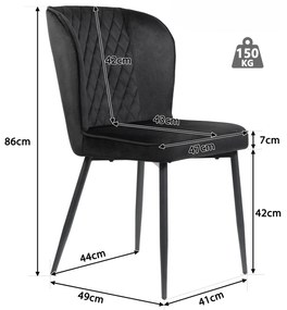 Set de 2 scaune tapițate pentru sufragerie din catifea cu spătar, structură din metal, 47x43x86 cm, Negru