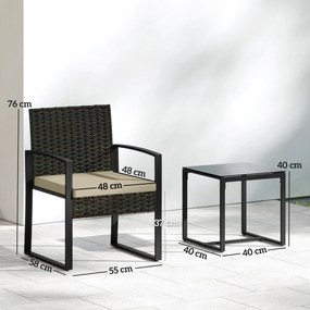 Outsunny Set de grădină din ratan PE pentru 2 persoane, masă de grădină cu 2 scaune, blat din sticlă securizată, maro | Aosom Romania