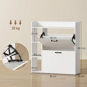 HOMCOM Dulap pentru pantofi slim cu 2 sertare rabatabile și 3 rafturi, Capacitate 15 perechi, 83x24x90.5 cm, Alb | Aosom Romania