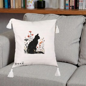 Perna Decorativa Pisica Neagra Profil Flori Portocalii, 40x40 cm, Bej cu Franjuri, Husa Detasabila, Perna Inclusa, BEKZ®