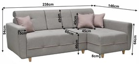 Canapea extensibil Hakan 238 cm gri si roz pudra dreapta