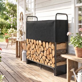Outsunny Suport pentru Lemne de Foc pentru Interior și Exterior, Oțel Galvanizat cu Husă Oxford, 132x38x118 cm, Negru | Aosom Romania