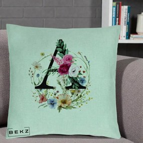 Cadou Personalizat - Perna Personalizata Monogram Litera A cu Flori Acuarela, 40x40 cm, Verde Menta, Husa Detasabila, Perna Inclusa, BEKZ®