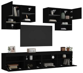 Set comode TV de perete, 6 piese, cu lumini LED, negru