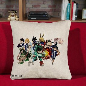 Perna Personalizata My Hero Academia Clasa 1-A Complet, 40x40 cm, Bej Canapea, Husa Detasabila, Perna Inclusa, BEKZ®