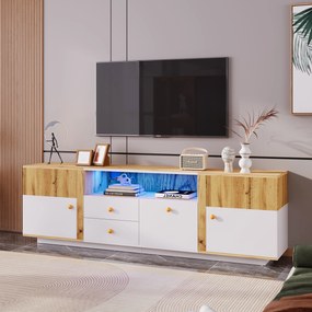 Mobilă TV joasă cu lumini LED schimbătoare de culoare, rafturi din sticlă și sertare, 180x35x50 cm, naturală