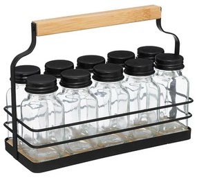 Set 10 recipiente Gortex, pentru condimente, in suport, sticla, metal negru,  21.5 x 9 x H 16 cm