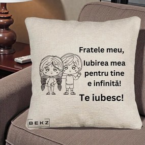 Cadou pentru Frate - Perna Personalizata Fratele Meu Te Iubesc Copii Anime Line Art Negru, 40x40 cm, Bej Canapea, Husa Detasabila, Perna Inclusa, BEKZ®