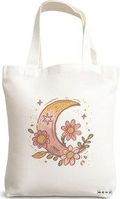 Sacosa de Panza pentru Cumparaturi, Geanta Tote Moon Flower, 38x34.5 cm, Alba, BEKZ®