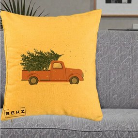 Perna Decorativa Camioneta Terracotta Brad de Craciun, 40x40 cm, Galben, Husa Detasabila, Perna Inclusa, BEKZ®