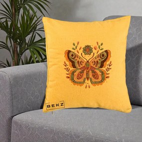 Perna Decorativa Fluture Boho Floral, 40x40 cm, Galben, Husa Detasabila, Perna Inclusa, BEKZ®