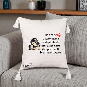 Cadou pentru Mama - Perna Personalizata Mama Nemuritoare Aproape de Bebe, 40x40 cm, Bej cu Franjuri, Husa Detasabila, Perna Inclusa, BEKZ®