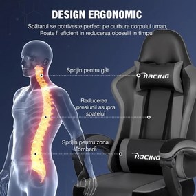 Scaun gaming, Masaj în perna lombară, Suport picioare, Rabatabil 90-165°, piele PU, Negru/Gri