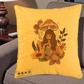 Perna Decorativa Fata Ciuperca Boho Florala, 40x40 cm, Galben, Husa Detasabila, Perna Inclusa, BEKZ®