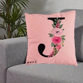 Cadou Personalizat - Perna Personalizata Monograma Florala Litera J, 40x40 cm, Roz, Husa Detasabila, Perna Inclusa, BEKZ®