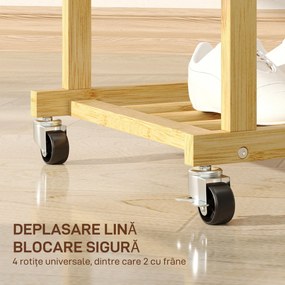 HOMCOM Suport pentru haine cu 2 bare, raft inferior și 4 roți din bambus, 80x40x160 cm, lemn natural | Aosom Romania