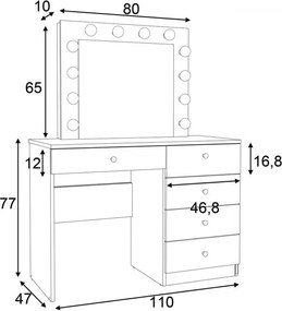 Masuta machiaj cu Oglinda LED si 5 Sertare pentru Cosmetice, Set Masa toaleta 110 cm, Alb, masuta cosmetica, vanity - SEA534