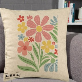 Perna Decorativa Flori Grafice Roz Pastel, 40x40 cm, Bej, Husa Detasabila, Perna Inclusa, BEKZ®