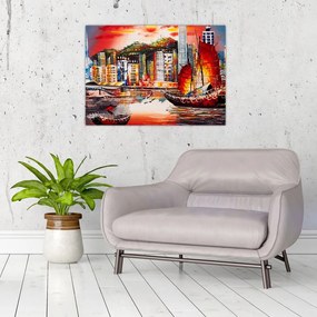 Tablou - Victoria Harbour, Hong Kong, pictură în ulei (70x50 cm)