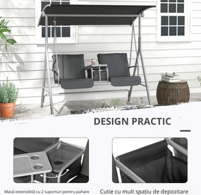 Outsunny Balansoar Exterior cu Măsuță de Cafea și Suport Central pentru Pahare, Leagăn cu 2 Locuri și Acoperiș, 175x112x158 cm, Gri | Aosom Romania