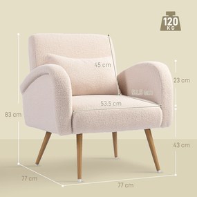 HOMCOM Fotoliu pentru Sufragerie Captusit, Fotoliu de Cameră în Material Teddy cu Pernă Lombardă, Fotoliu de Lectură cu Picioare cu Efect de Lemn din Metal pentru Sufragerie și Birou, 77x77x83 cm, Bej | Aosom Romania
