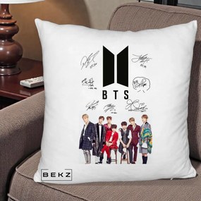Perna Personalizata K-pop BTS Semnaturi Foto, 40x40 cm, Alb Pufos, Husa Detasabila, Perna Inclusa, BEKZ®