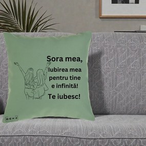 Cadou pentru Sora - Perna Personalizata Sora Mea Te Iubesc Line Art Doua Fete cu Brate Ridicate, 40x40 cm, Verde, Husa Detasabila, Perna Inclusa, BEKZ®