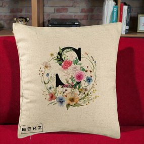 Cadou Personalizat - Perna Personalizata Monogram Litera S cu Flori Acuarela, 40x40 cm, Bej, Husa Detasabila, Perna Inclusa, BEKZ®