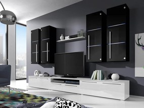 Mobilă pentru sufragerie Nashville 102Alb, Alb lucios, Negru, Negru lucios, Cu comodă tv, Părți separate, Sticlă, MDF, PAL laminat, 300x46cm, 152 kg