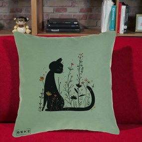 Perna Decorativa Pisica Neagra Flori Portocalii Silueta, 40x40 cm, Verde, Husa Detasabila, Perna Inclusa, BEKZ®