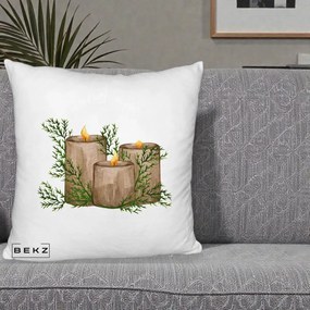 Perna Decorativa Lumanari Rustice cu Crengute Brad, 40x40 cm, Alb Pufos, Husa Detasabila, Perna Inclusa, BEKZ®