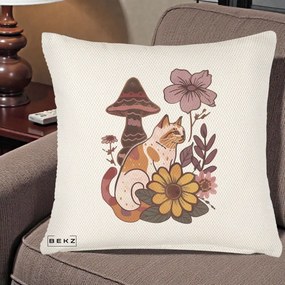 Perna Decorativa Pisica Vintage Florala Boho, 40x40 cm, Crem Reliefat, Husa Detasabila, Perna Inclusa, BEKZ®